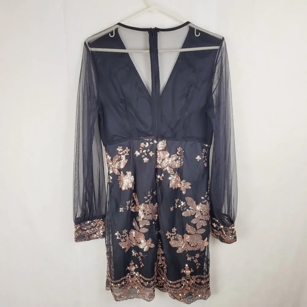 Shein black and gold floral sequined sheer sleeve dress Size medium Fairy Glam